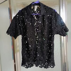 Black Lace Button Down Shirt With Collar